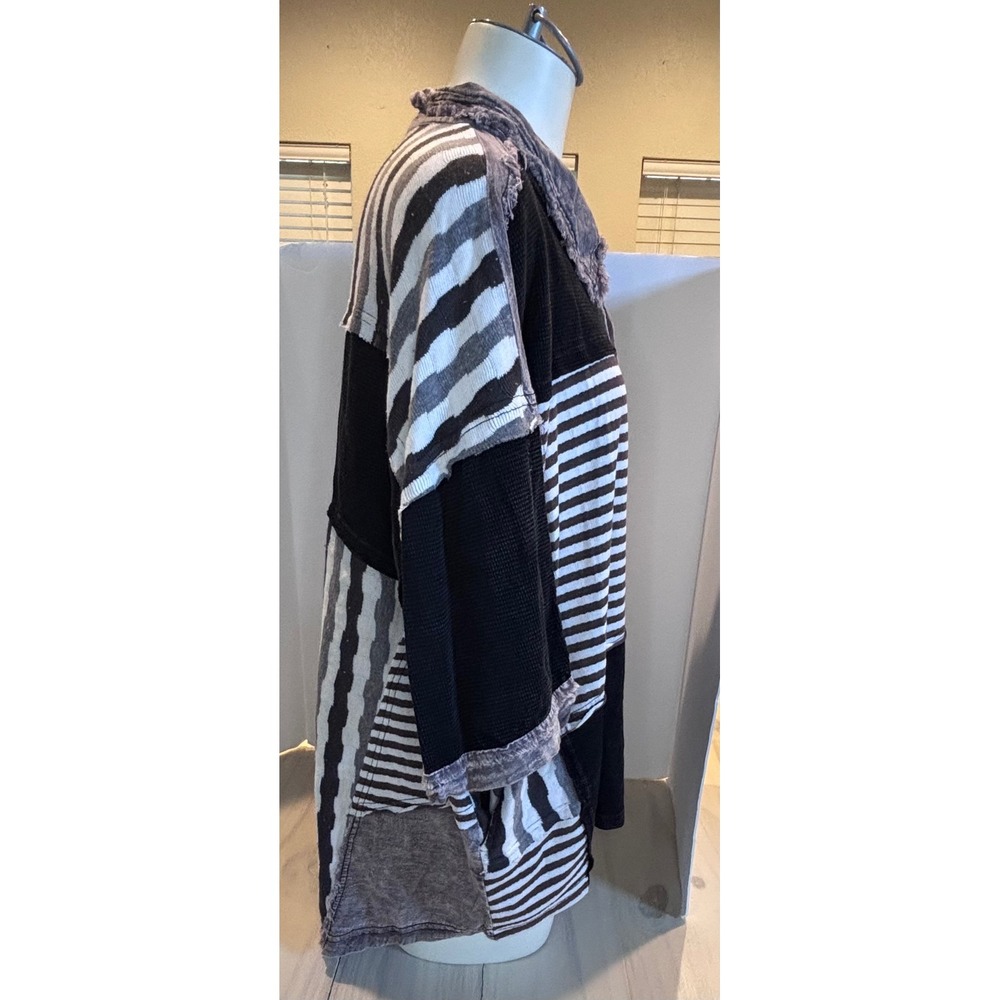 Oli & Hali Women's Patchwork Button Up Shirt Black Grey Stripe Raw Hem Boho L - Picture 15 of 16